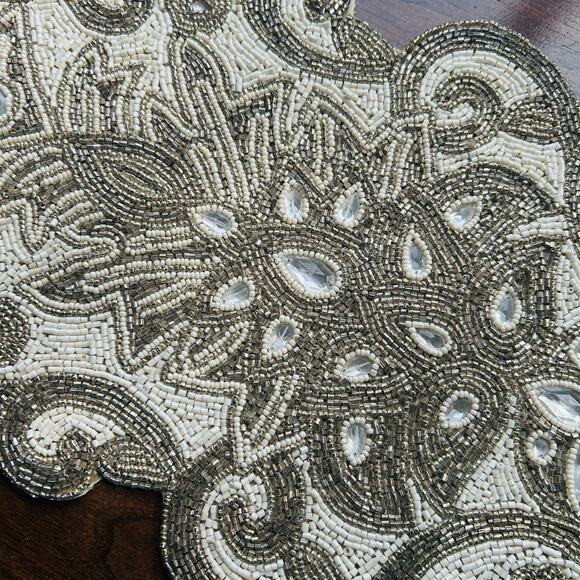 Pier 1 Hand Beaded Table Runner White Silver Luxury Tableware 12x39” - Picture 8 of 16